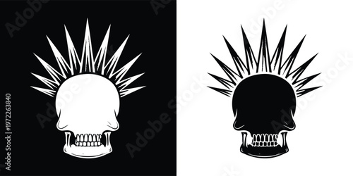 Striking graphic design showcasing a human skull illustration featuring a dramatic spiked mohawk style hairdo in contrasting black and white formats.