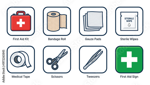 Collection of Essential First Aid Supplies and Symbols for Emergency Preparedness