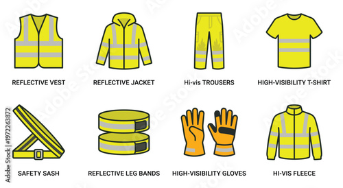 Collection of High-Visibility Safety Workwear and Personal Protective Equipment