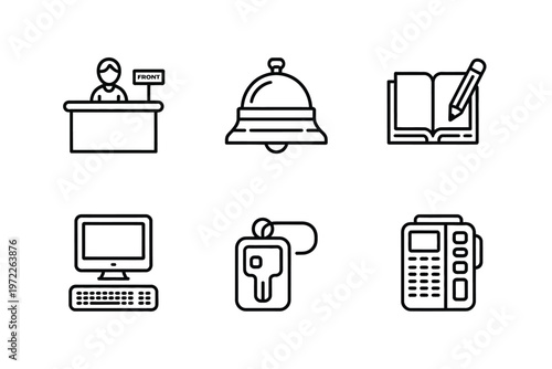 Hotel Services Icons Set Reception Bell Book ID Computer Key Card Payment Terminal