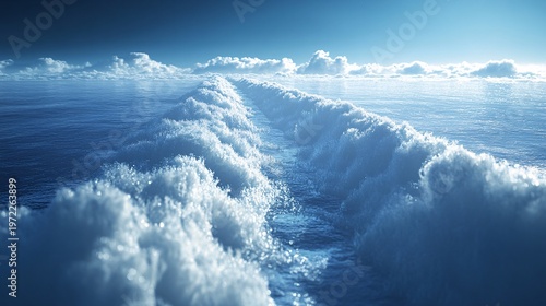 A dramatic aerial view of a condensation trail stretching across the vast blue sky with fluffy clouds below forming a textured path as it fades into the horizon under bright sunlight.