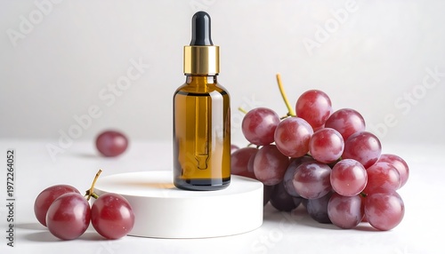 Brown dropper bottle on white podium next to a bunch of red grapes with white background