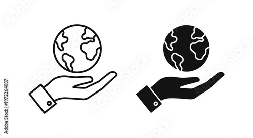 Minimalist hand holding earth globe icon set, environmental protection and global care vector, black and white planet conservation graphics