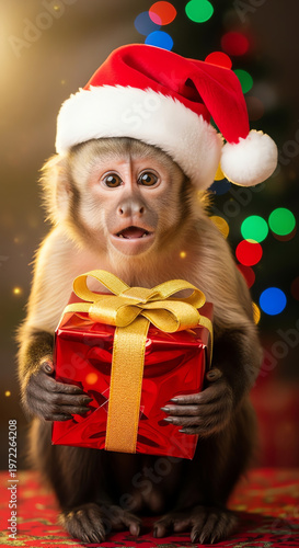 A surprised monkey wearing a Santa hat holds a wrapped gift in front of a Christmas tree with colorful lights, conveying a festive holiday mood.