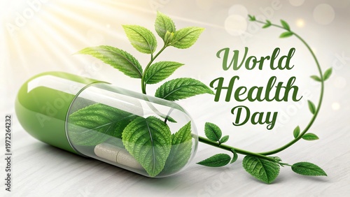Herbal capsule with green plant symbolizing natural healthcare and healing.
