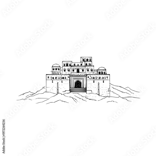 Minimalist hand drawn sketch of an ancient middle eastern palace situated on a rocky hilltop with detailed architectural lines and traditional dome structures isolated