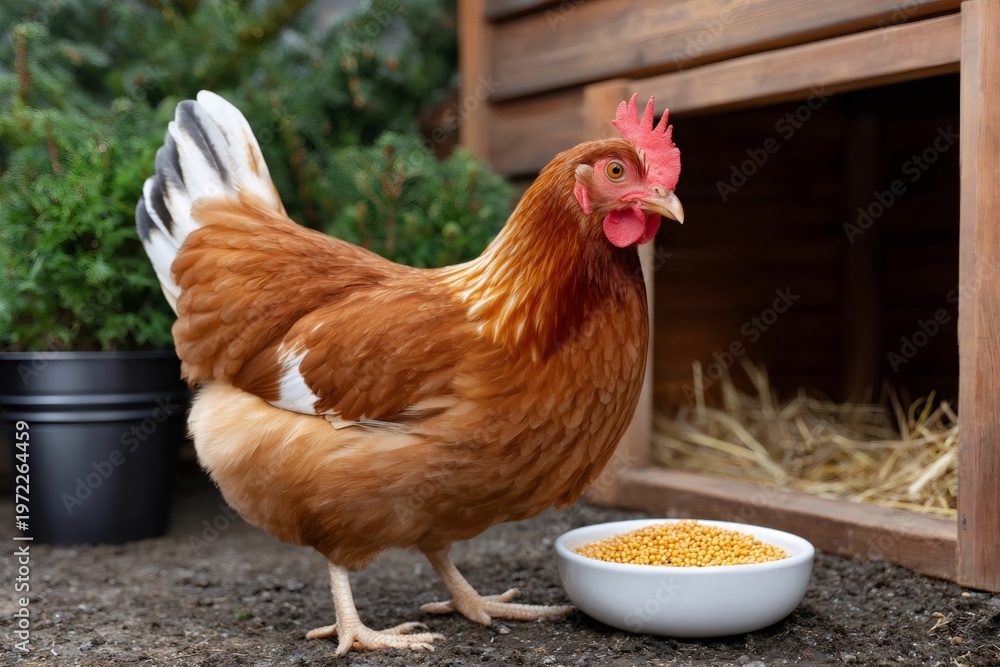 Fototapeta premium Brown hen standing near chicken coop and feeder