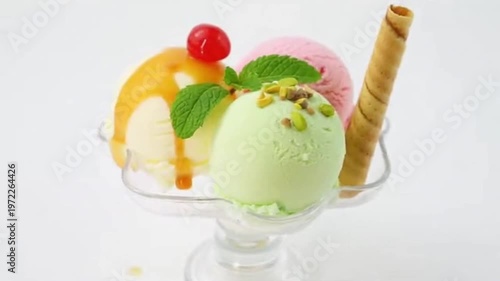 Three scoops of ice cream (vanilla, strawberry, and pistachio) in a glass bowl with caramel sauce, a cherry, mint leaves, crushed nuts, and wafer rolls on a white background.