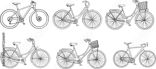 Set of Hand-Drawn Bicycle Illustrations Featuring Various Styles and Designs for Cycling, Transportation, and Fitness Graphics