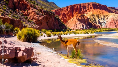 Brown deer by water, vibrant multicolored mountains backdrop under sunny skies; arid environment with grasses