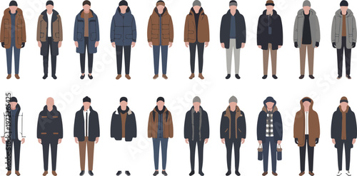 Modern winter fashion collection of outfits with coats pants and beanies arranged in rows clean flat vector design