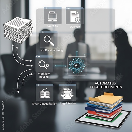 Futuristic AI-Powered Legal Document Automation with Silhouetted Professionals in Meeting.