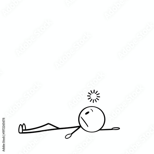Minimalist Line Art Stick Figure Character Lying Down and Waiting with Buffering Loading Icon Spinner Over Its Head