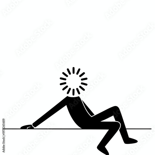 Minimalist Silhouette Stick Figure Lying Down and Buffering with Loading Spinner Icon on Head representing Mental Fatigue and Lag