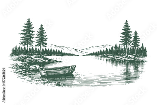 Fotografie Classic Engraving Style Vector Illustration Featuring a Wooden Boat on a Calm La