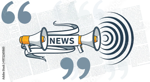 Two megaphones with a "NEWS" banner and radiating sound waves on an abstract newspaper background, symbolizing urgent public announcement and information broadcasting.