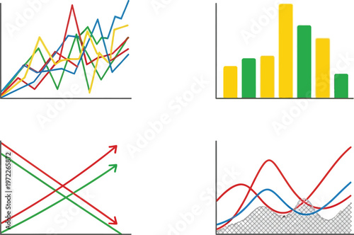 Diverse charts and graphs showcasing fluctuating data trends, including line graphs and bar charts on white backgrounds.