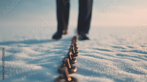 Social justice visual concept, person standing behind a rusty chain on snowy ground.