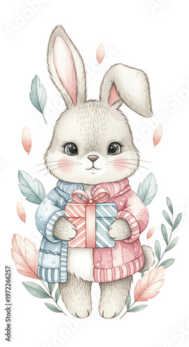 Watercolor illustration of a cute rabbit wearing colorful clothing, surrounded by leaves and flowers on a white background.