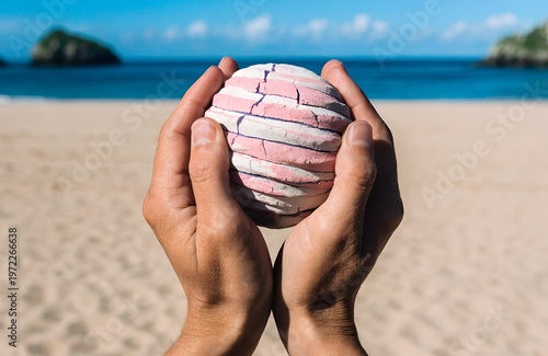Hands Gently Holding Fragile Cracked Sphere on Beach