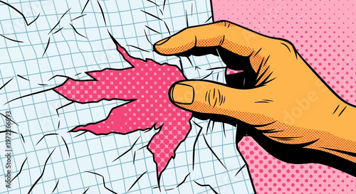 Pop art style hand tearing through paper with a red splash, depicting breakthrough, damage, or sudden change.