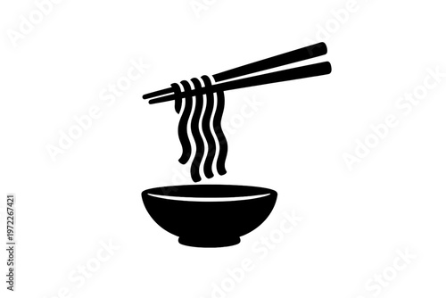 Chopsticks holding noodles above bowl silhouette