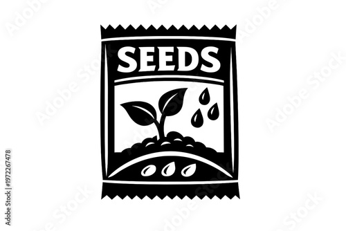 Black and white seed packet icon with sprouting plant and water droplets design