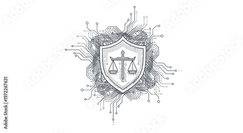 Digital security concept shield with scales of justice amidst circuit board