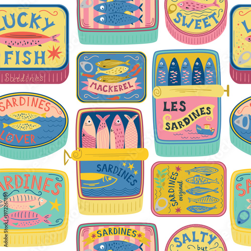 Canned sardines seamless pattern. Hand drawn seafood, fish, mackerel, tomatoes, lemon repeat background. Mediterranean coastal textile design, vector aesthetic sardines tins print, wallpaper, wrap.