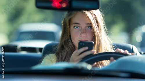 Teen driver distracted by a text message on a phone while approaching a red light at an intersection with dashboard reflections
