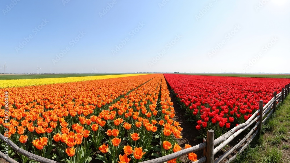 Fototapeta premium A field of red and yellow tulips in the sun.