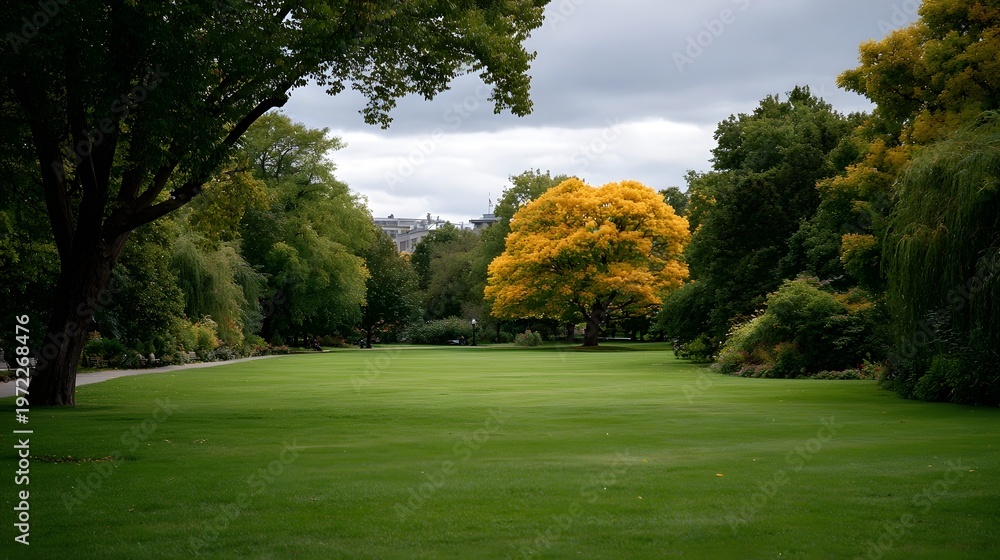 Fototapeta premium A vibrant yellow tree stands tall in a serene park on an autumn day surrounded by lush green grass and distant architecture under a cloudy sky