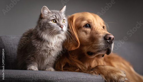 A lovely grey tabby cat and a golden retriever dog resting together on a grey sofa at home