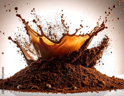 Brown liquid splashes atop a mound of powder, lit softly, revealing a burst of energy and movement