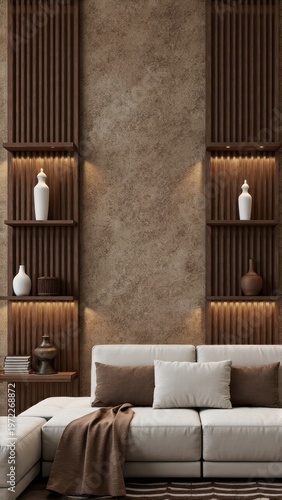 A modern, minimalist living room with a couch in front of a wooden wall feature and shelving units for storage.