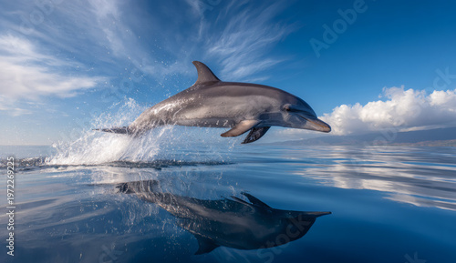 A joyful bottlenose dolphin leaping high out of blue tropical water with bright sunlight and white clouds above