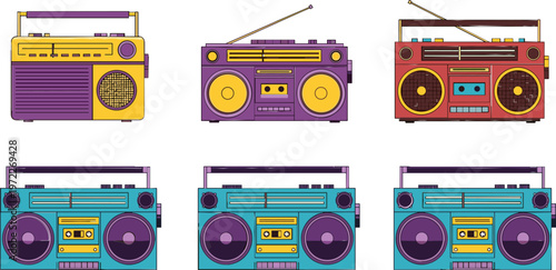 Set of Colorful Retro Boombox Illustrations in Various Styles for Music, Vintage, and Audio Graphics