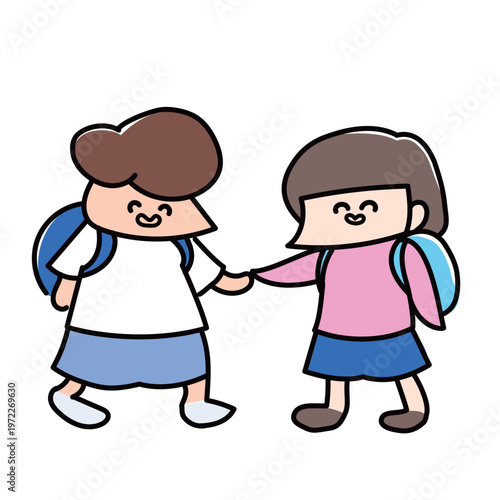リュックでのんびり登校するおっとり小学生と気の合う友だち