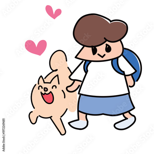 リュックでのんびり登校するおっとり小学生といぬ