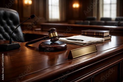Professional judges desk in a modern courtroom interior with wooden bench gavel and legal documents