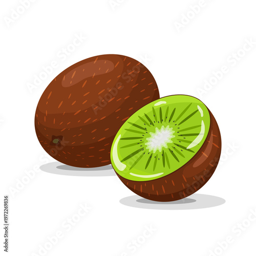 Whole kiwi fruit and half kiwi slice in flat style. Fresh tropical fruit illustration with green flesh and seeds, isolated on white background. Perfect for food packaging design, organic products