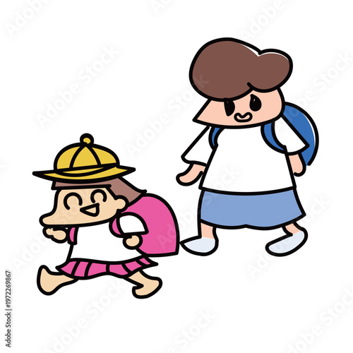 リュックでのんびり登校するおっとり小学生と妹