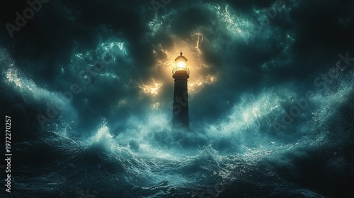 A lighthouse towers over a turbulent sea, its beam cutting through dark clouds and choppy waves, standing as a beacon of hope and safety amidst the chaos.