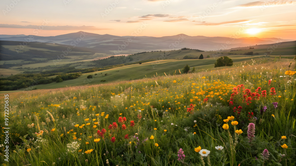 Fototapeta premium A colorful wildflower meadow landscape under a beautiful sunset