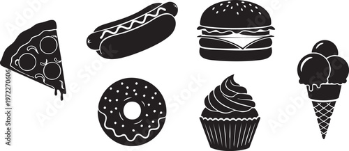 Black silhouette food icons a collection of popular treats