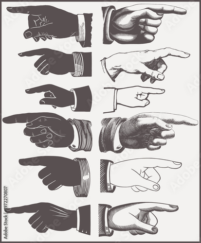 Vintage Pointing Hands Set – Retro Finger Pointer Gestures, Engraved and Silhouette Hand Icons Collection
