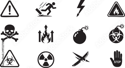 Collection of black and white warning and danger icons
