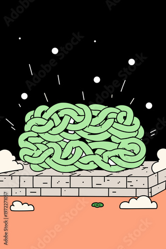 Overhead view of glowing green Celtic knotwork interwoven bands