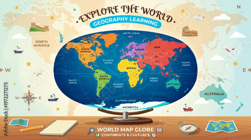 Exploring the Globe with Educational Tools and World Map on a Desk