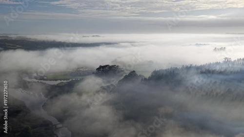 Aerial mist over farmland forest and inlet at sunrise New Zealand
